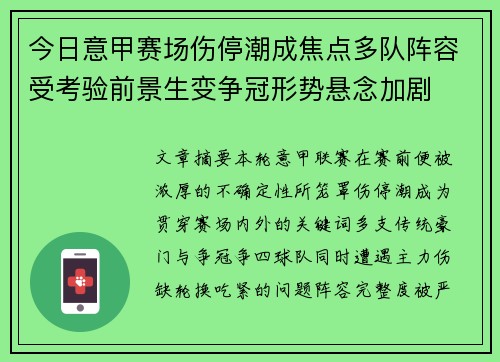 今日意甲赛场伤停潮成焦点多队阵容受考验前景生变争冠形势悬念加剧