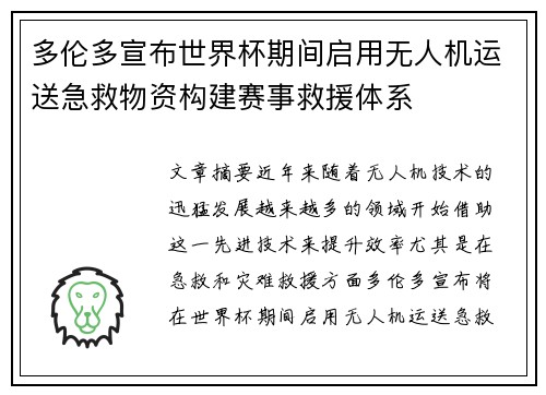多伦多宣布世界杯期间启用无人机运送急救物资构建赛事救援体系